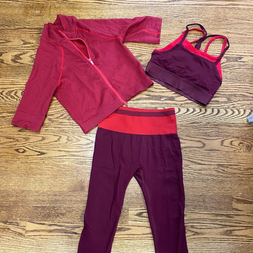 Fabletics 3 piece Madelaine Petsch Sartorial outfit in cherry Size S + M